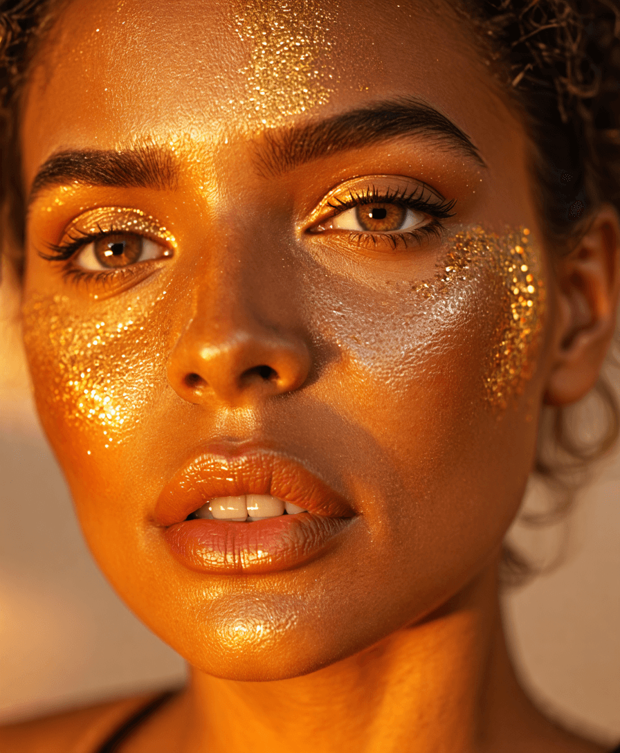 Beauty shot of a Mediterranean woman with bronzed skin, golden highlighter, and terracotta-toned blush. Subtle brown eyeliner and tinted lip balm. Warm, diffused lighting reminiscent of sunset.