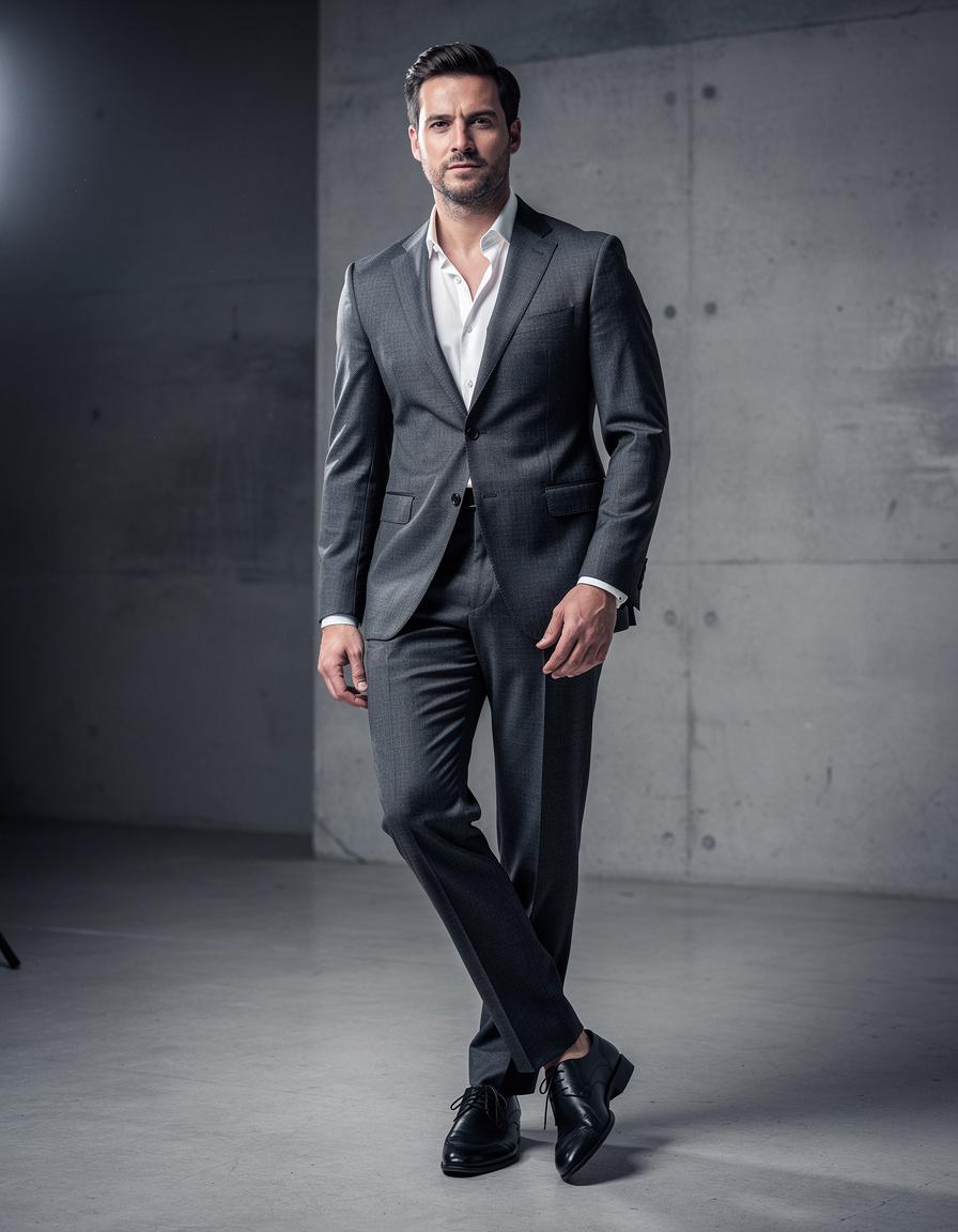 Full-body editorial fashion photograph of an adult male model in a charcoal tailored suit and open-collar white shirt, standing in a minimalist concrete studio, confident natural posture, realistic hands and anatomy, soft directional light, premium magazine finish, no logos, no text
