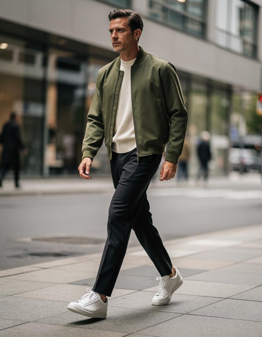 Street-style fashion photograph of an adult male model wearing a refined olive bomber jacket, cream knit shirt, tapered black trousers, and clean leather sneakers on a modern city sidewalk, candid walking pose, realistic anatomy, overcast daylight, subtle background motion, no logos, no text