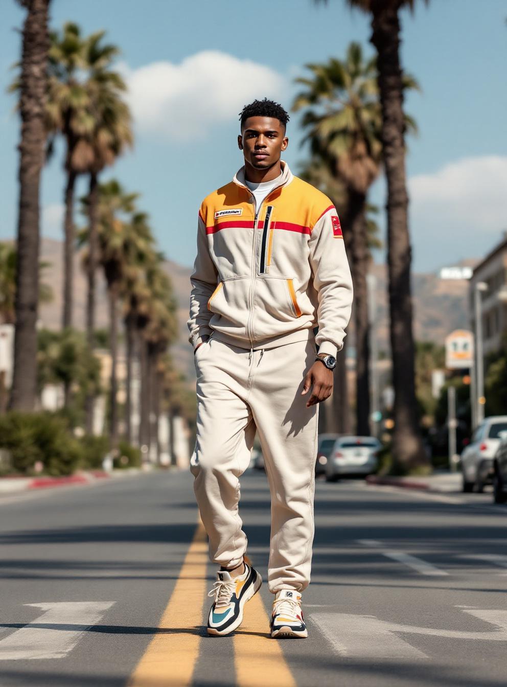 A sporty model in Los Angeles, wearing a designer tracksuit and stylish sneakers, palm trees lining the streets with the Hollywood sign in the distance.