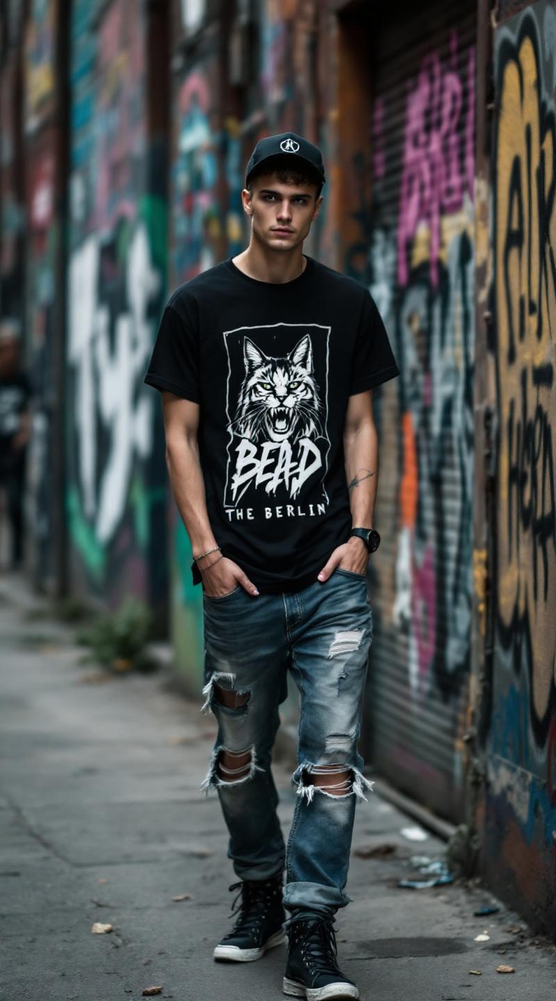 An edgy model in Berlin, wearing distressed jeans and a graphic t-shirt, standing next to graffiti-covered walls with street art all around.