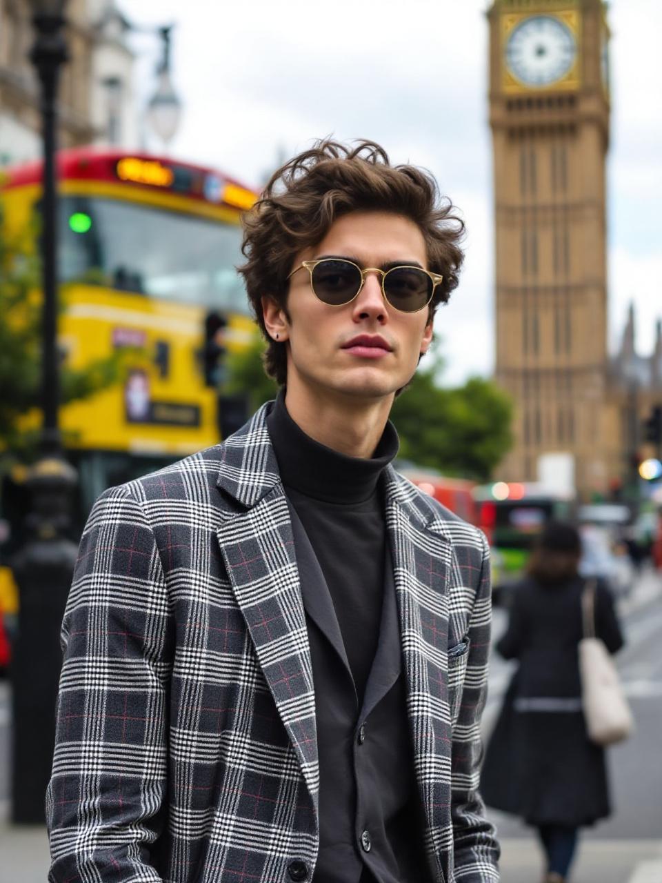 A casually dressed model in London, wearing a trendy blazer over a turtleneck, standing near a double-decker bus with the iconic Big Ben in the background.