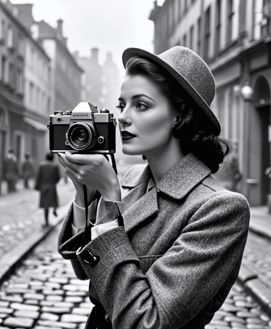 A woman in 1940s street fashion using a vintage film camera, standing on a cobblestone street