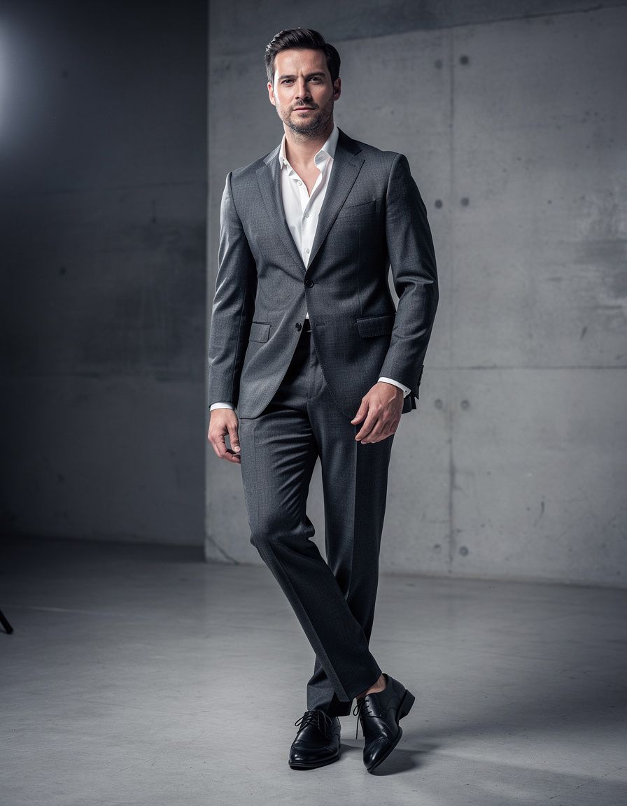 Full-body editorial fashion photograph of an adult male model in a charcoal tailored suit and open-collar white shirt, standing in a minimalist concrete studio, confident natural posture, realistic hands and anatomy, soft directional light, premium magazine finish, no logos, no text