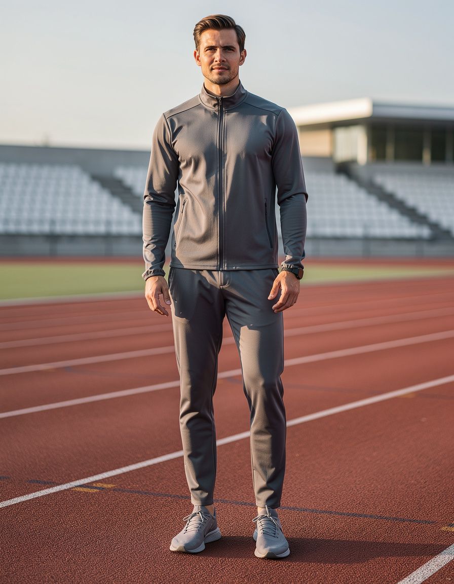 Vertical full-body activewear campaign photograph, camera positioned far enough away to show one adult male model completely from the top of his head through both shoes, with generous clear space above his hair and below his soles, centered beside a contemporary running track. He wears a completely plain unbranded slate-gray performance jacket, matching joggers, and plain running shoes. Natural standing pose, both hands fully visible with five anatomically correct fingers, accurate body proportions, crisp early-morning light, clean stadium background. Every garment must have smooth uninterrupted fabric with absolutely no logo, emblem, icon, lettering, graphic, badge, patch, symbol, or decorative mark. No text and no watermark. Do not crop the head, legs, ankles, or shoes.