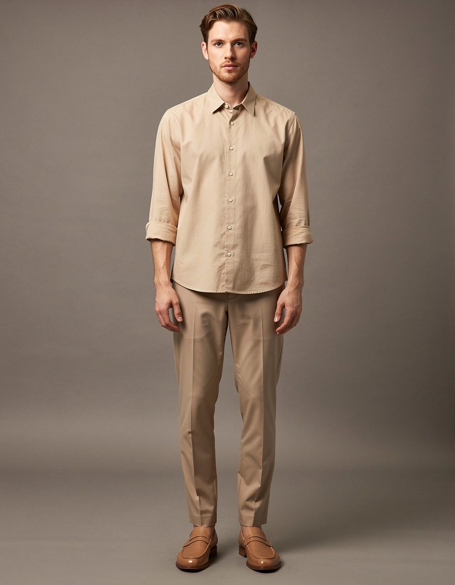 Vertical clean e-commerce fashion photograph of one adult male model, camera far enough away to include his entire head, face, hair, hands, legs, and both loafers fully inside the frame with comfortable margin above the hair and below the shoes. He wears a monochrome sand overshirt, relaxed tailored trousers, and minimal leather loafers against a seamless warm-gray studio backdrop. Neutral front-facing catalog pose, direct natural gaze, both hands relaxed and completely visible with anatomically correct fingers, accurate garment construction and body proportions, even soft studio lighting. No logos, no lettering, no symbols, no text, and no watermark. Do not crop any part of the head, face, hands, legs, or shoes.