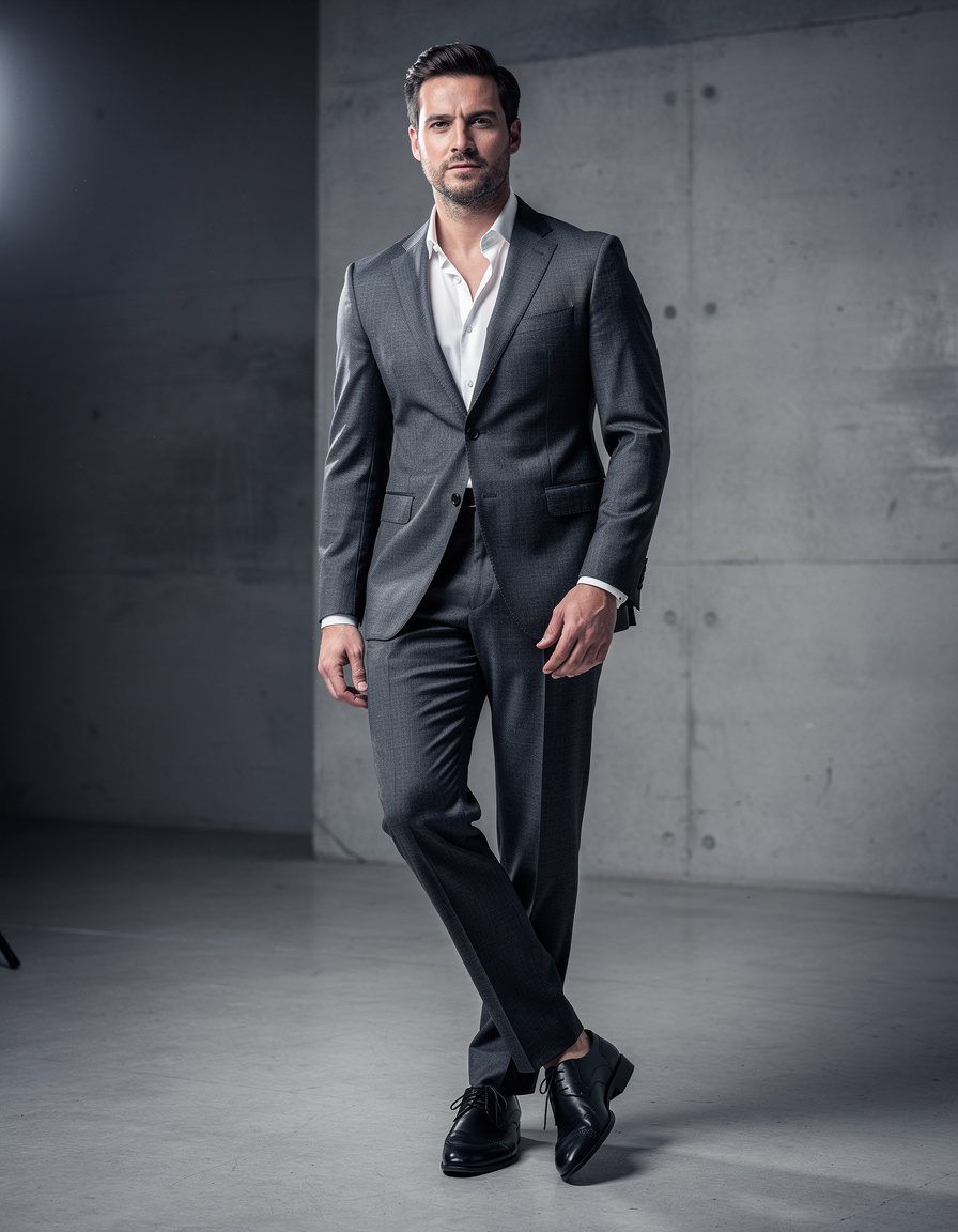 Full-body editorial fashion photograph of an adult male model in a charcoal tailored suit and open-collar white shirt, standing in a minimalist concrete studio, confident natural posture, realistic hands and anatomy, soft directional light, premium magazine finish, no logos, no text