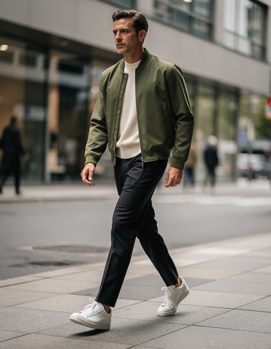 Street-style fashion photograph of an adult male model wearing a refined olive bomber jacket, cream knit shirt, tapered black trousers, and clean leather sneakers on a modern city sidewalk, candid walking pose, realistic anatomy, overcast daylight, subtle background motion, no logos, no text