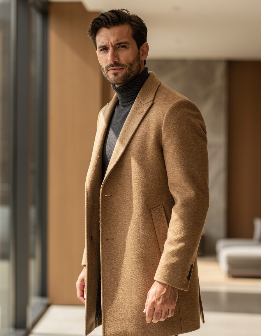 Three-quarter commercial portrait of an adult male model in a textured camel overcoat layered over a dark turtleneck, warm architectural interior, relaxed expression, realistic skin and fabric detail, balanced window light, luxury catalog photography, no logos, no text