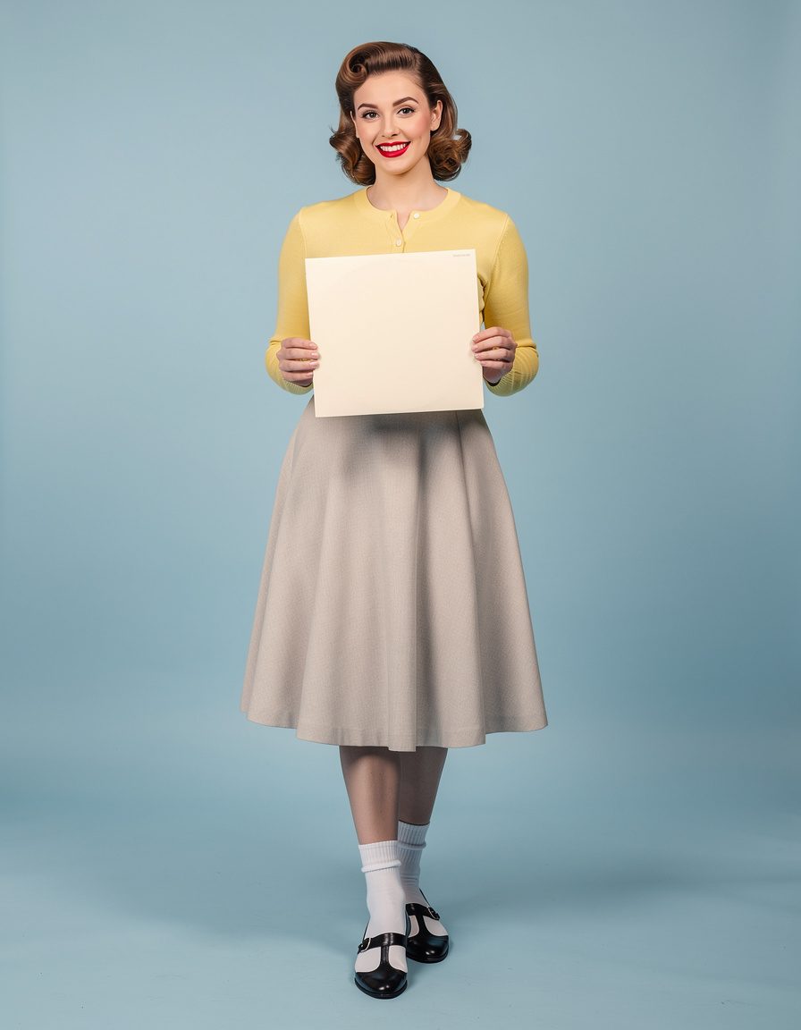 Full-length editorial studio photograph of one adult woman in a yellow cardigan, high-waisted circle skirt, white ankle socks, and saddle shoes, holding a solid cream vinyl record sleeve with a completely blank surface, seamless pastel blue backdrop, bright soft lighting, authentic 1950s fashion, realistic hands and proportions, no shelves, posters, printed objects, marks, text, or logos.