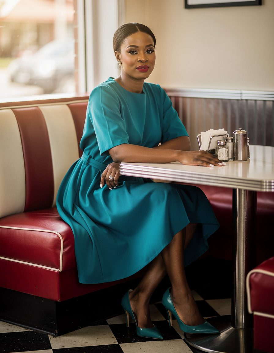 Editorial portrait of one adult Black woman in a teal swing dress, pearl earrings, and classic pumps, seated in a retro diner booth, soft window light, polished 1950s fashion campaign style, realistic proportions, no text or logos.