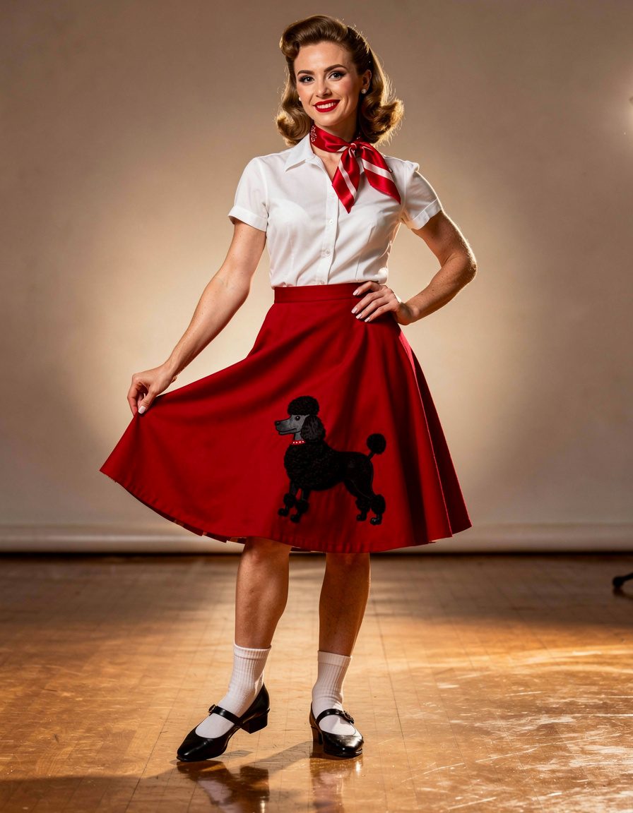 Full-length editorial photograph of one adult woman in a red 1950s poodle skirt, fitted white blouse, saddle shoes, and silk neck scarf, posing on a polished dance floor, warm studio lighting, authentic period styling, realistic skin and hands, no text or logos.