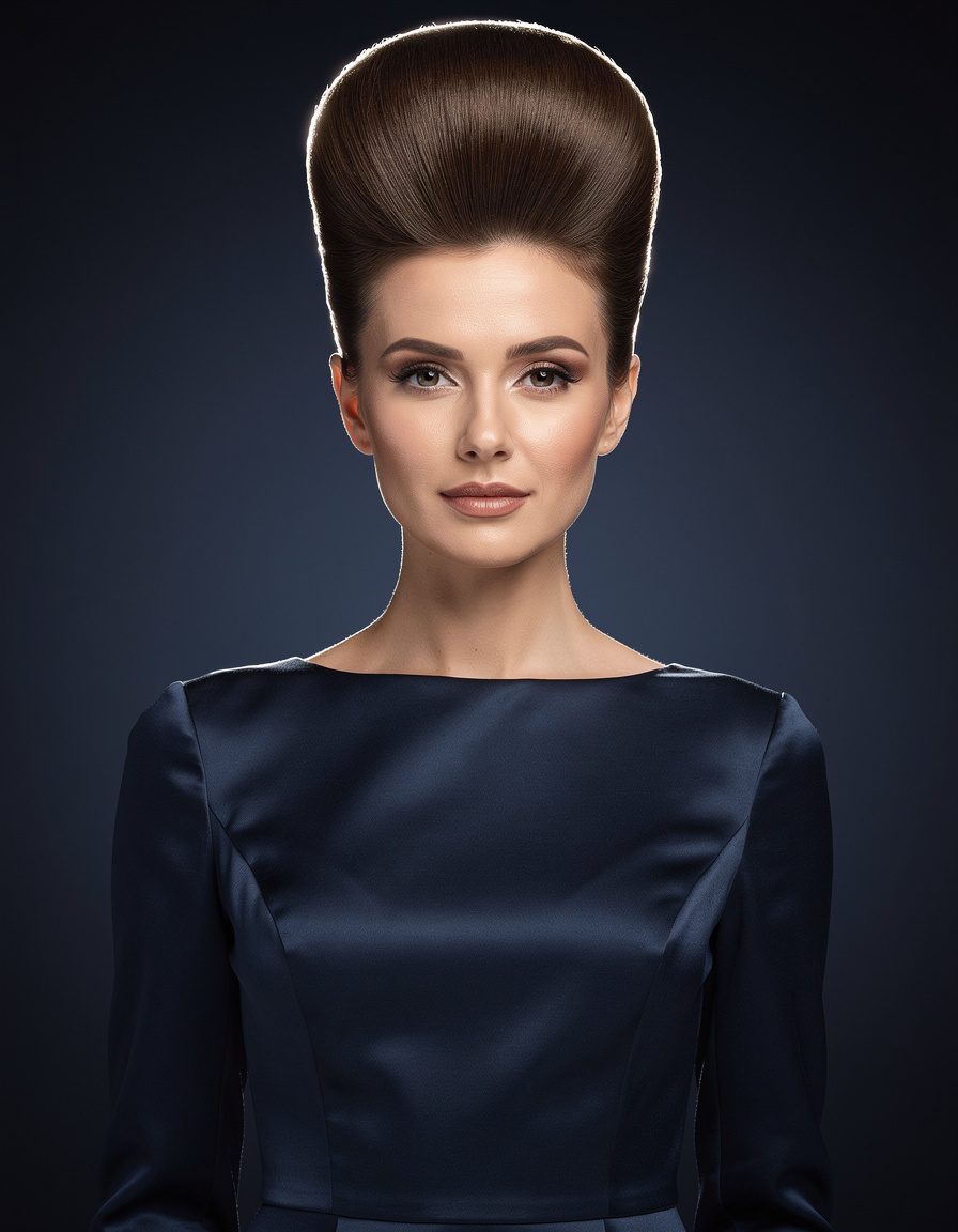 Vertical formal beauty portrait of an adult woman with an elegant high beehive updo, pearl-free satin evening gown, deep navy backdrop, controlled rim lighting, accurate hairline and anatomy, refined focal point, no text, logos, jewelry marks, or watermarks.