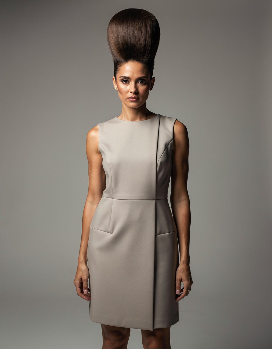 Vertical monochrome-inspired studio photograph in color of an adult woman with a dramatic tall beehive hairstyle, simple sleeveless geometric dress, clean seamless backdrop, crisp directional light, realistic anatomy and hair strands, no text, logos, labels, or watermarks.