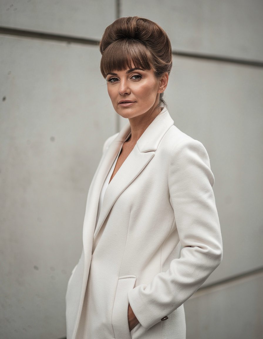 Vertical editorial street-style portrait of an adult woman with a textured beehive hairstyle and blunt fringe, tailored cream coat, simple urban wall, overcast daylight, natural pose, realistic fabric and hair detail, no posters, text, logos, or watermarks.