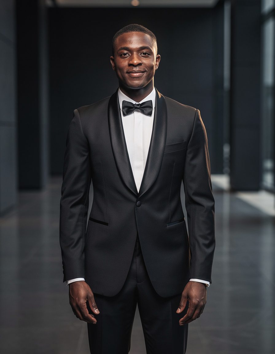 Formal evening fashion portrait of one adult Black male model in a well-fitted black tuxedo with satin lapels and a plain white dress shirt, standing inside a minimal dark architectural hall, elegant but relaxed expression, realistic skin, accurate bow tie and hands, soft cinematic rim light, no event branding, no logos, lettering, signs, or watermark