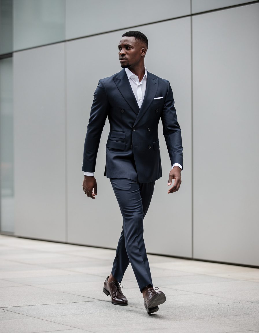 Full-length city fashion photograph of one adult Black male model in a deep navy double-breasted suit and dark brown leather shoes, walking along a clean modern building facade, candid mid-step posture, realistic body proportions and fingers, clear suit silhouette, soft overcast light, empty background without shops or traffic, no logos, lettering, signs, or watermark