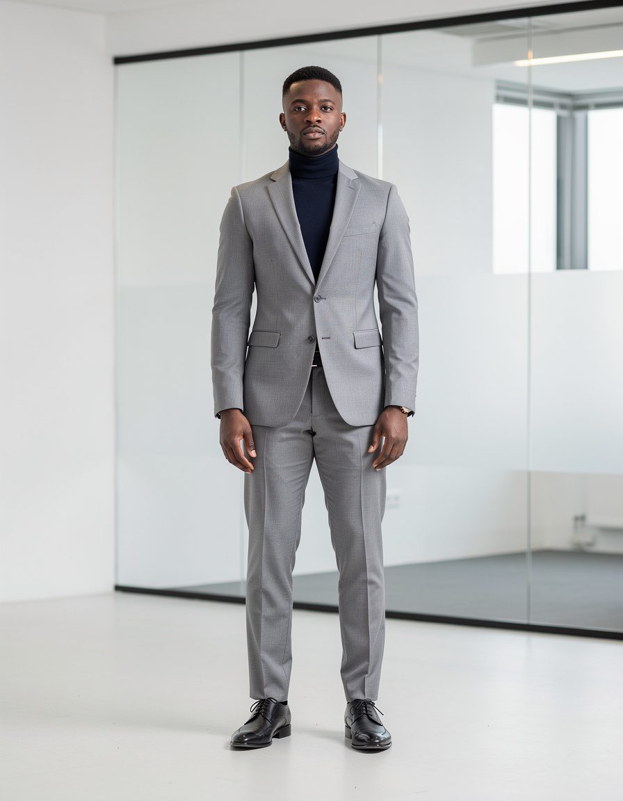 Clean commercial fashion photograph of one adult Black male model in a light-gray tailored suit and crisp dark turtleneck, standing in a bright minimalist office interior with plain glass walls, confident front-facing pose, full suit and shoes visible, realistic anatomy and skin texture, even daylight, no screens or paperwork, no logos, lettering, signs, or watermark