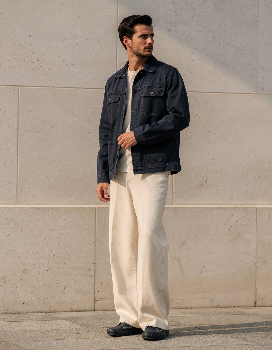 Photorealistic full-body street style fashion editorial of one adult man standing beside a smooth unmarked stone wall. He wears a navy cotton chore jacket, an ivory crew-neck shirt, ecru wide-leg trousers, and plain dark canvas shoes. Capture a relaxed side-facing pose with one hand lightly touching the jacket hem, natural proportions, soft afternoon light, and clear garment texture. Keep the whole person and shoes visible. No signs, letters, numbers, labels, logos, or watermarks.