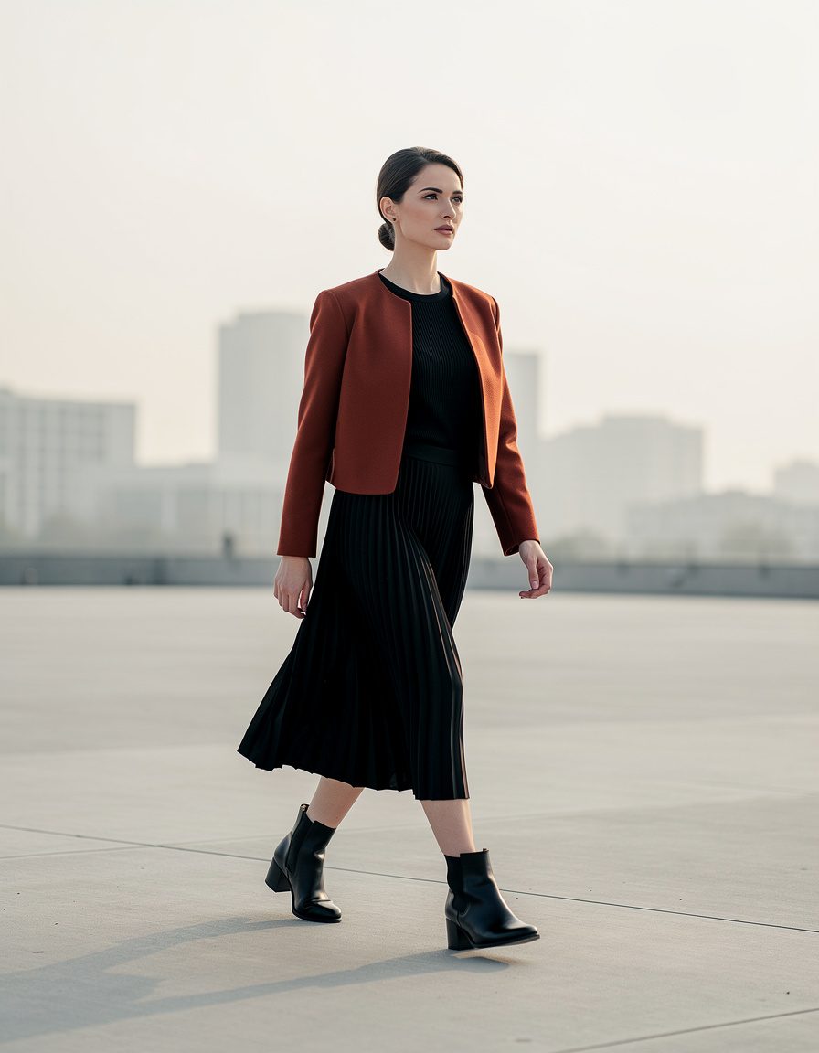 Photorealistic full-body street style fashion editorial of one adult woman walking across a quiet pale concrete plaza. She wears a rust short jacket over a black fine-knit top, a black pleated midi skirt, and plain black ankle boots. Capture a three-quarter front view, natural stride, both hands visible, soft morning light, and a clean distant city background. Keep the complete outfit and footwear inside generous frame margins. No signs, letters, numbers, labels, logos, or watermarks.