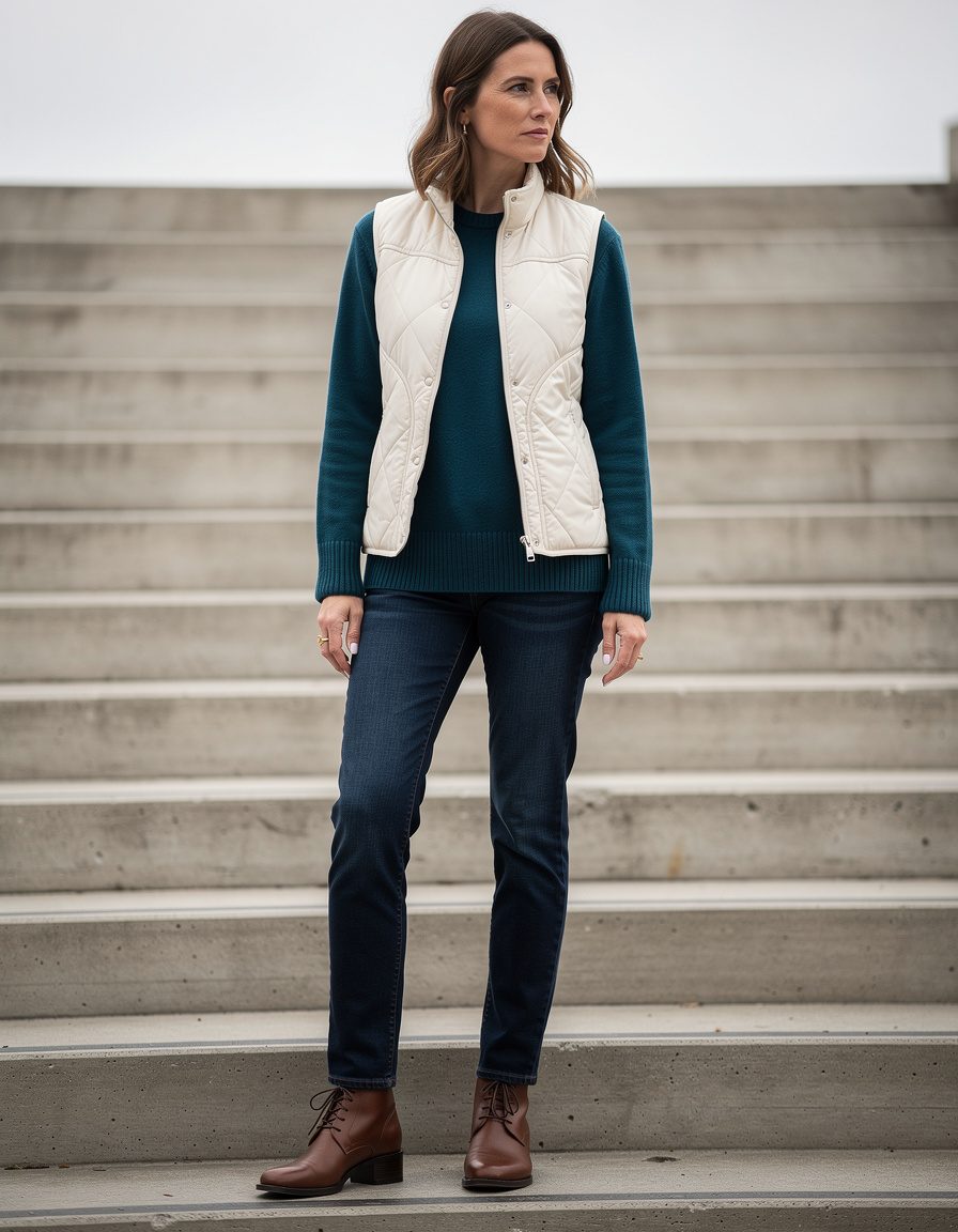 Photorealistic full-body street style fashion photograph of one adult woman at the base of broad plain exterior steps. She wears an ivory quilted vest over a deep teal sweater, dark straight-leg jeans, and simple brown lace-up boots. Capture a candid pause before climbing, open hands, overcast daylight, and a simple architectural background. Show every clothing layer and both boots without cropping. No signs, letters, numbers, labels, logos, or watermarks.