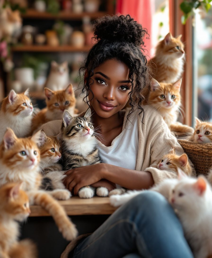 a dark skin female model in a Cat Cafe with many cute Cats and Kittens around them