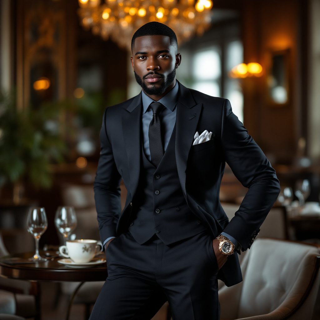a dark skin male model wearing luxurious suit in luxury restaurant, instagram photo, instagram, fit body