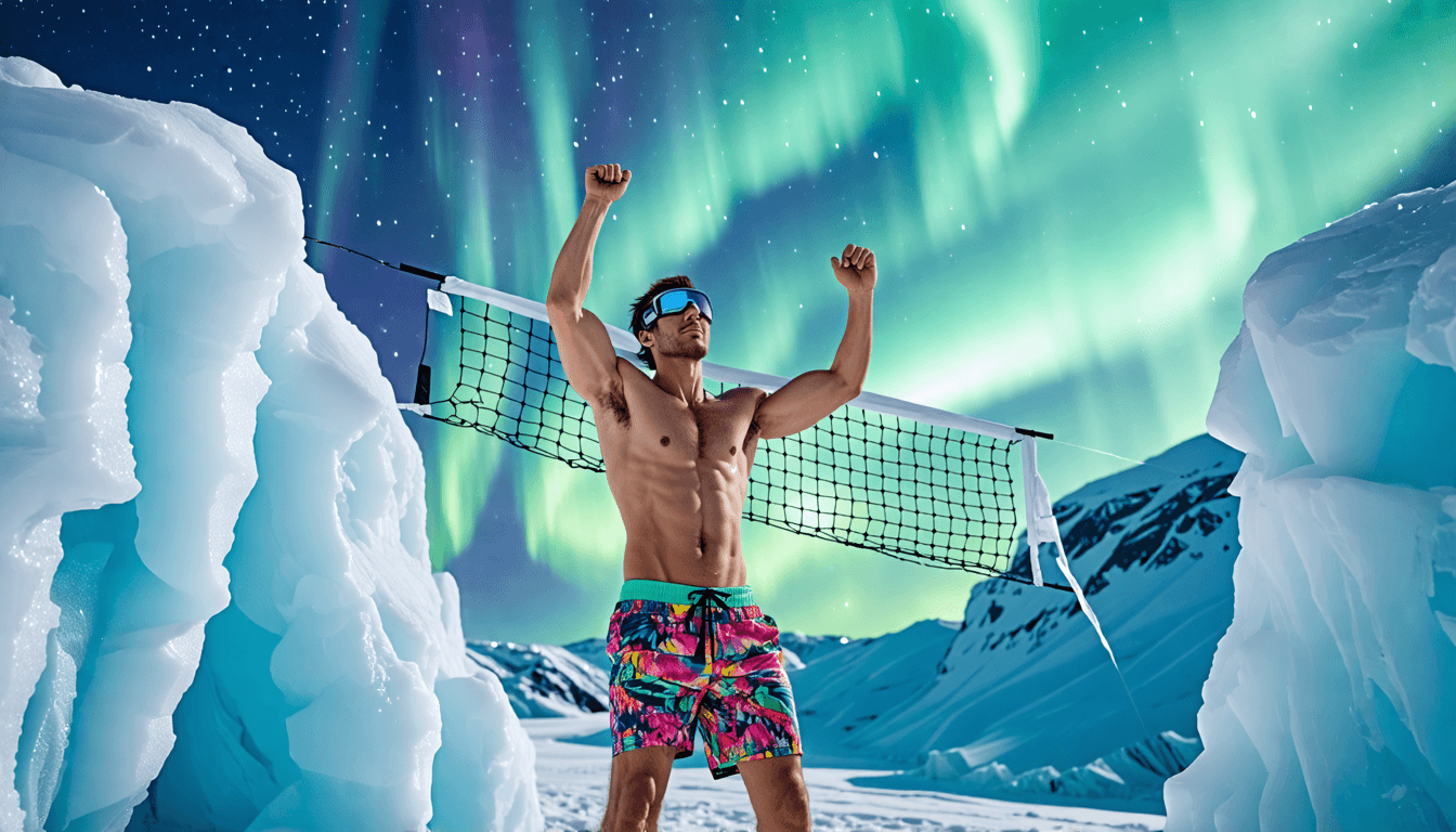 Athletic man in colorful board shorts playing beach volleyball on a glacier, shirtless torso contrasting with snowy landscape, wearing snow goggles, volleyball net between two ice formations, northern lights in sky, (sports fashion shoot)