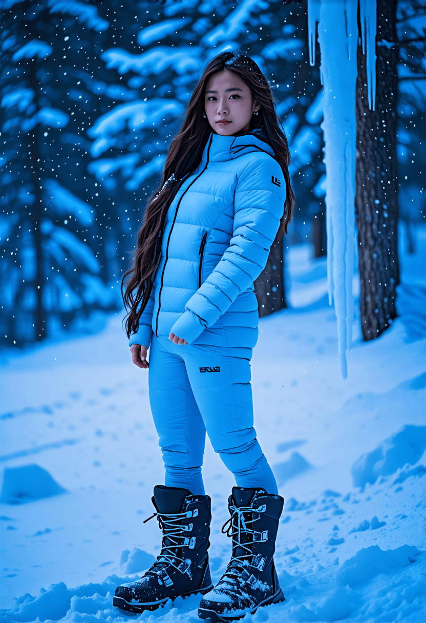 Full body portrait of an elegant woman in winter sportswear, standing confidently in deep snow, glistening snow surface, athletic build, long flowing hair, snowflakes falling all around, wearing stylish snow boots, frozen lake in background, icicles on nearby pine trees, cool blue lighting, (high fashion winter photoshoot)
