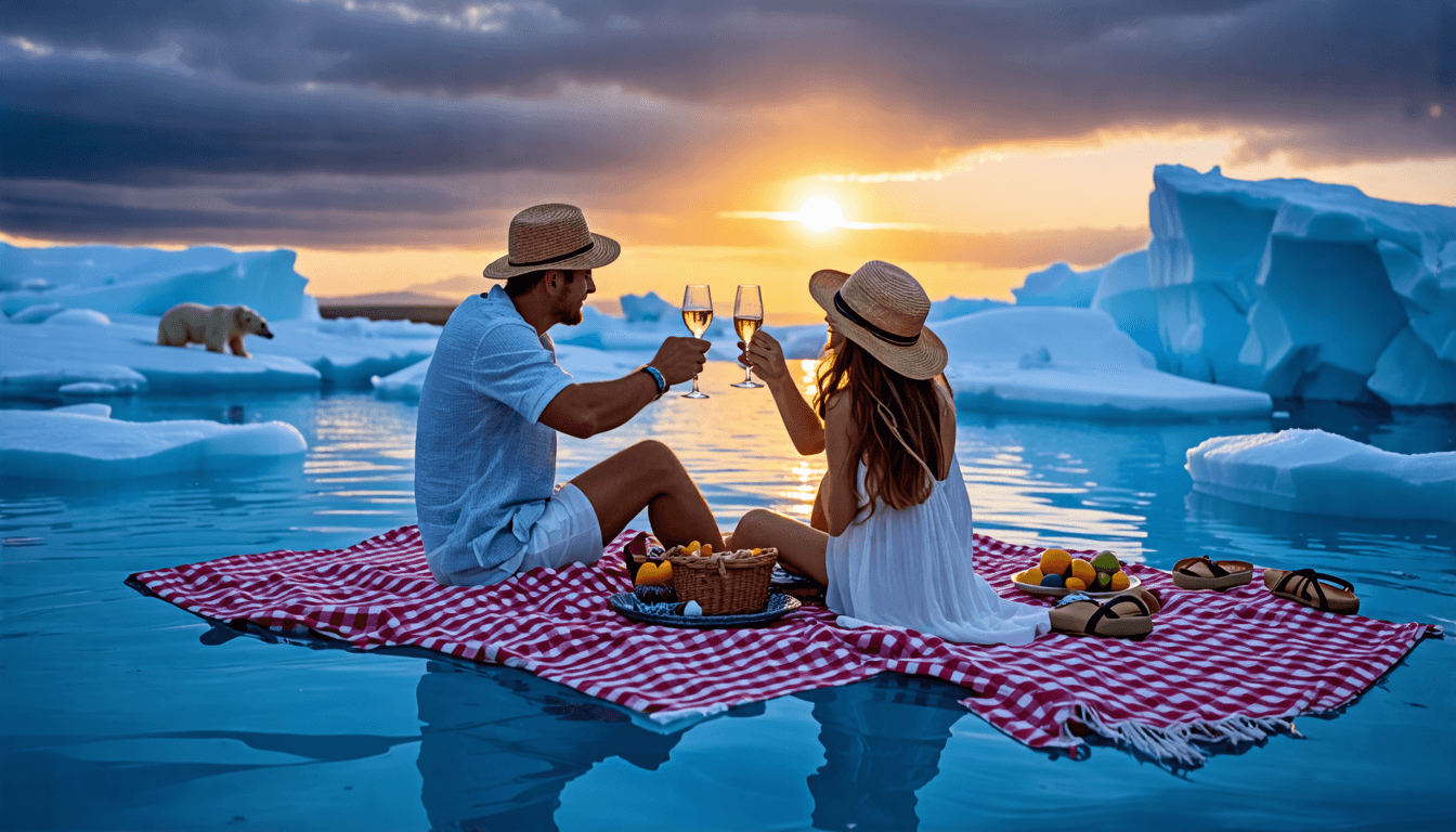 Couple in light summer clothing having a picnic on a small iceberg, red and white checkered blanket contrasting with blue ice, wearing sun hats and sandals, toasting with champagne glasses, polar bears visible in distance, midnight sun in sky, (romantic fashion shoot)