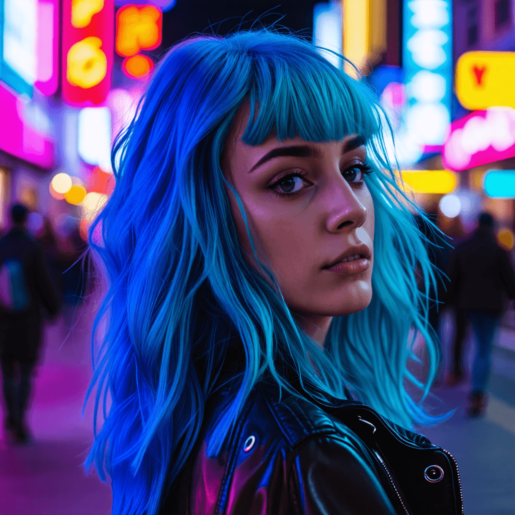 A woman with vibrant blue hair illuminated by colorful neon lights, standing on a busy urban street at night
