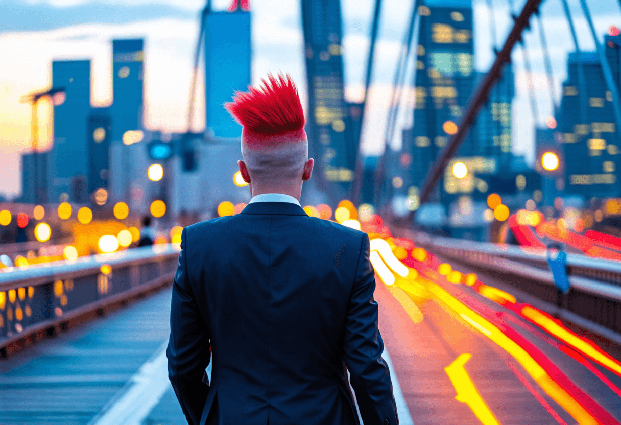 A businessperson with a bright red mohawk crossing a busy urban bridge during rush hour, city skyline in view