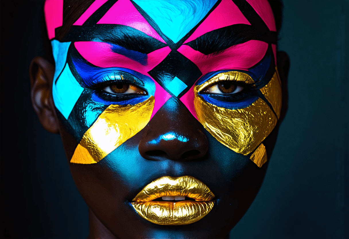 Close-up of a West African woman with avant-garde makeup featuring geometric patterns in bold colors across eyes and cheekbones. Metallic gold lips. Artistic studio lighting against a dark background.