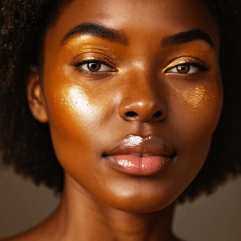 Portrait of an African woman with glowing skin, subtle bronzer, and clear lip gloss. Emphasis on natural beauty and radiant complexion. Warm, diffused lighting.