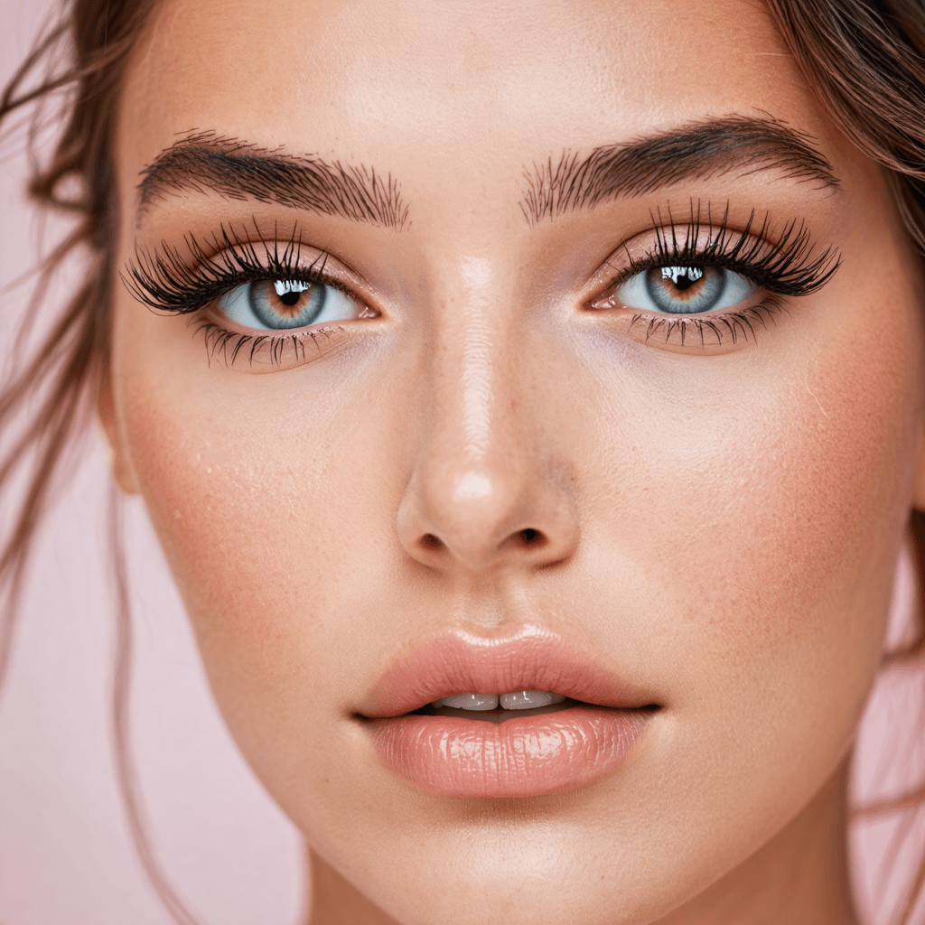 close-up of Beauty shot of model featuring dewy skin, natural makeup look with open lips and fluttery lashes. set against a soft, pastel background