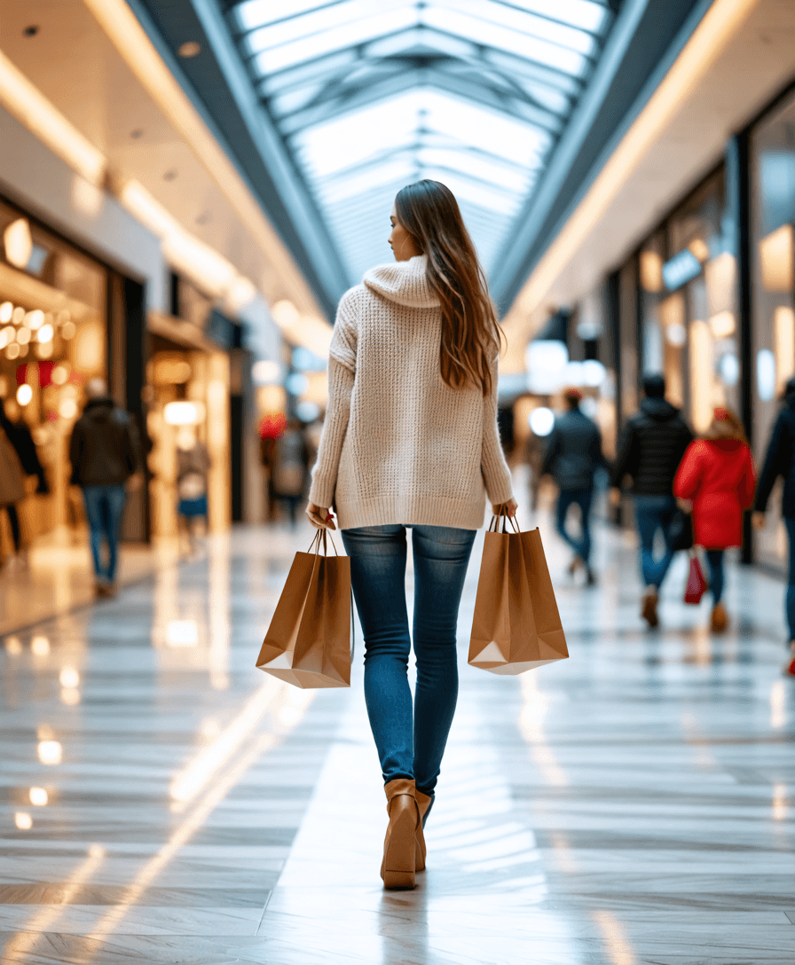 model walking in a shopping mall, holding shopping bags. shops in background