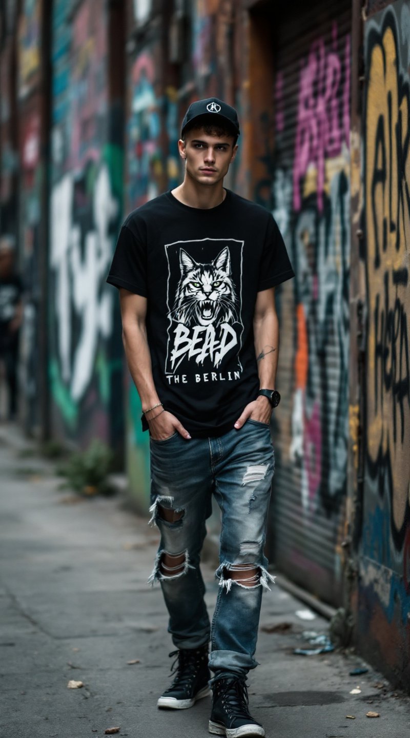 An edgy model in Berlin, wearing distressed jeans and a graphic t-shirt, standing next to graffiti-covered walls with street art all around.