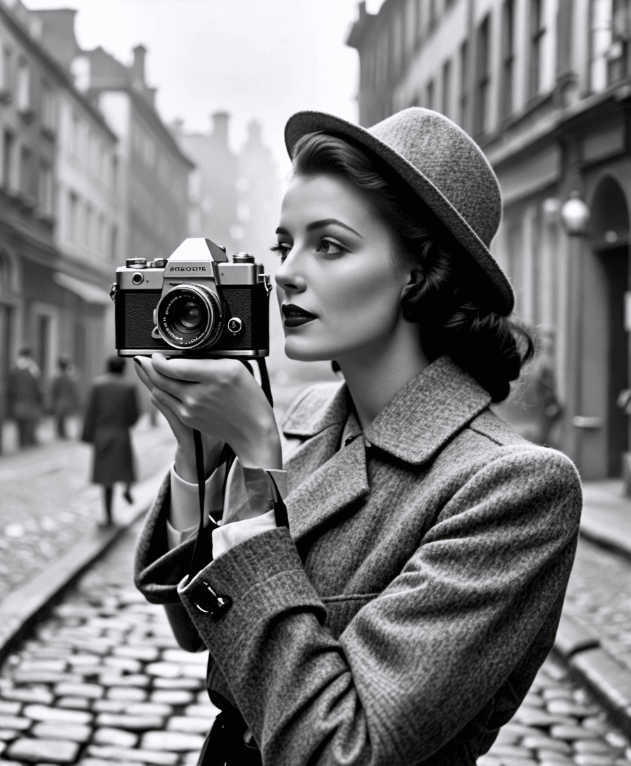 A woman in 1940s street fashion using a vintage film camera, standing on a cobblestone street