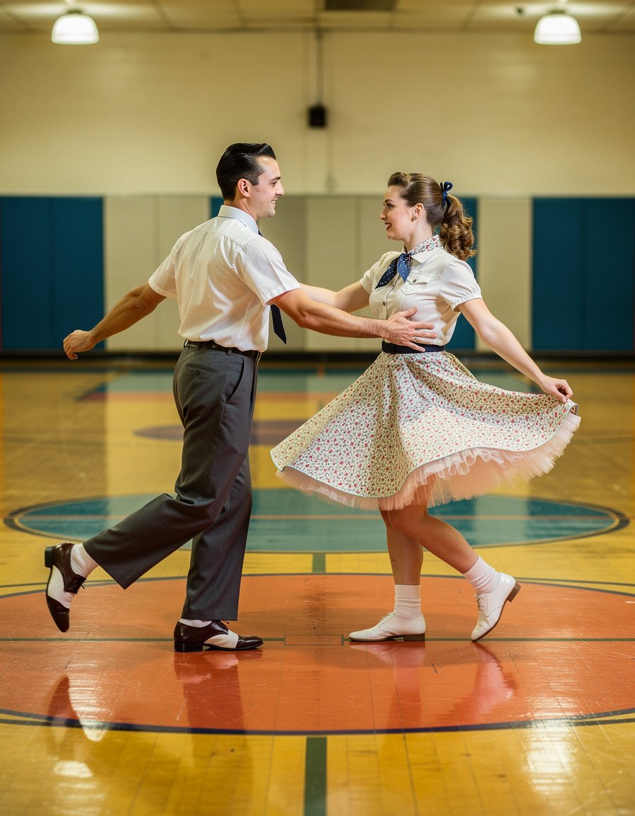 Full-length editorial photograph of one adult couple performing a lively 1950s sock-hop dance step, coordinated period outfits, colorful gymnasium dance floor, clean background, crisp flash photography, realistic anatomy and hands, no text or logos.