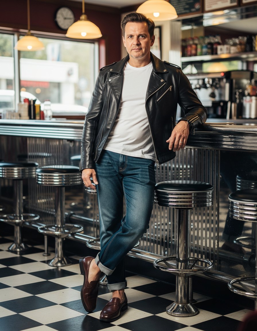 Full-length editorial photograph of one adult man in cuffed denim, a plain white T-shirt, leather jacket, and loafers, standing beside a chrome diner counter, balanced cinematic lighting, authentic 1950s styling, realistic anatomy, no text or logos.