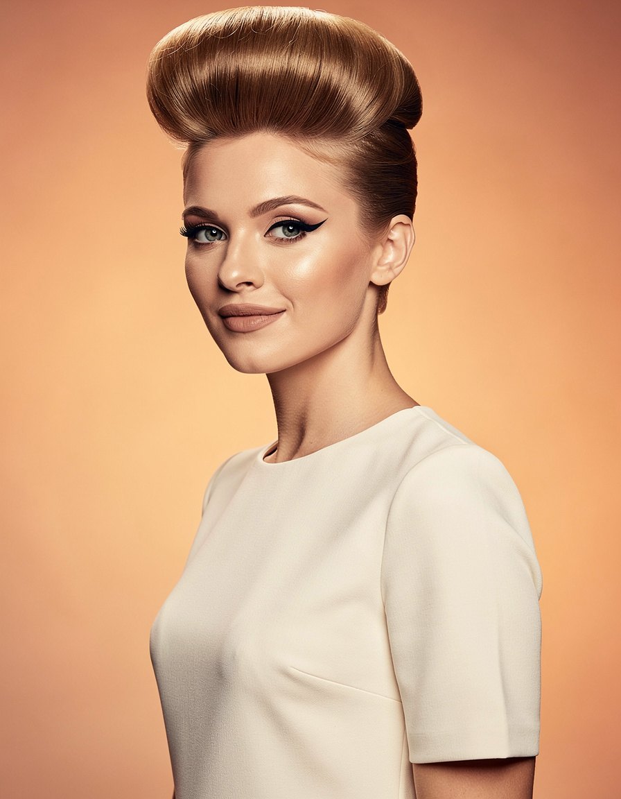 Vertical editorial beauty photograph of an adult woman with a precise classic 1960s beehive hairstyle, clean winged eyeliner, a solid ivory shift dress, warm studio background, realistic hair texture and anatomy, no text, logos, labels, or watermarks.