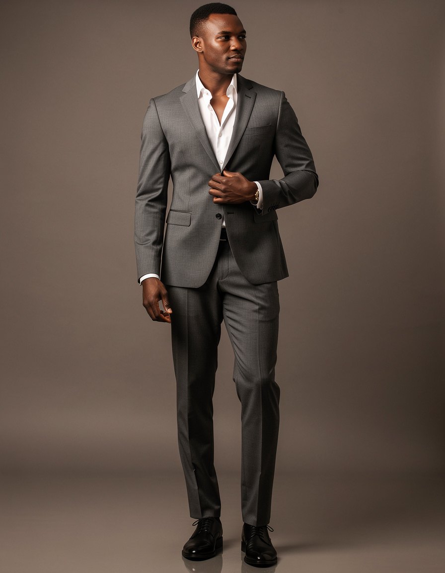 Full-length editorial fashion photograph of one adult Black male model in a precise charcoal two-piece suit and white open-collar shirt, standing naturally in a plain warm-gray studio, one hand resting at his side and the other lightly adjusting his jacket, realistic dark skin texture, complete shoes in frame, accurate fingers and tailoring, soft directional light, no logos, lettering, signs, or watermark
