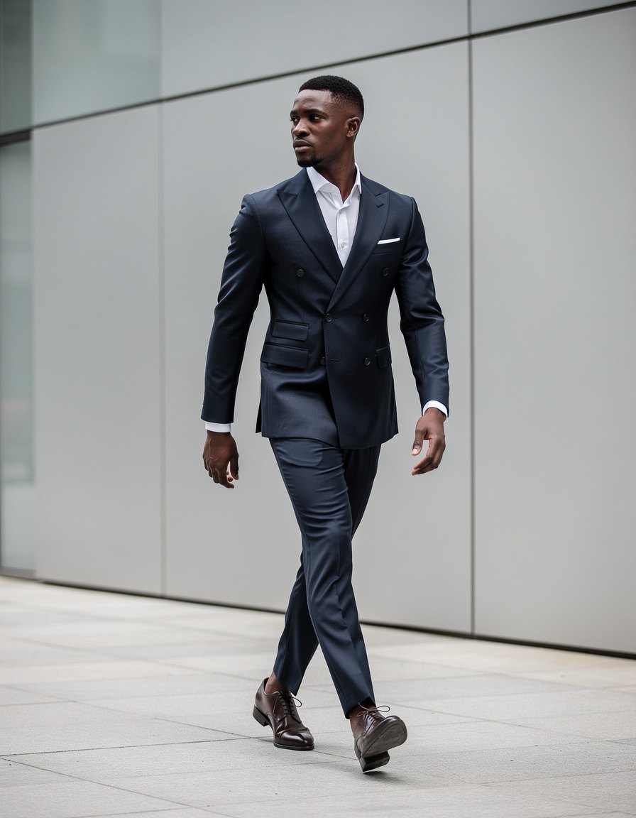 Full-length city fashion photograph of one adult Black male model in a deep navy double-breasted suit and dark brown leather shoes, walking along a clean modern building facade, candid mid-step posture, realistic body proportions and fingers, clear suit silhouette, soft overcast light, empty background without shops or traffic, no logos, lettering, signs, or watermark
