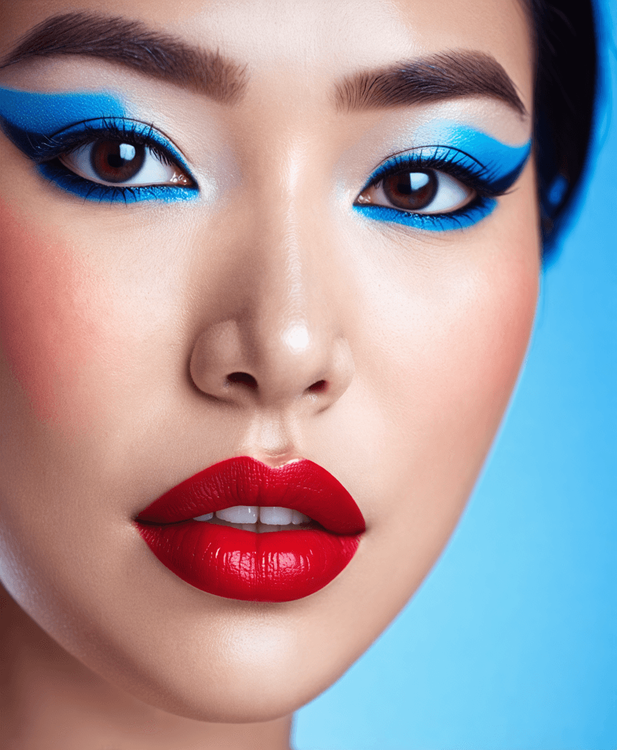 Close-up beauty shot of an East Asian woman with dramatic cat-eye liner and vibrant blue eyeshadow, glossy red lips, and flawless skin. Soft studio lighting against a gradient background.