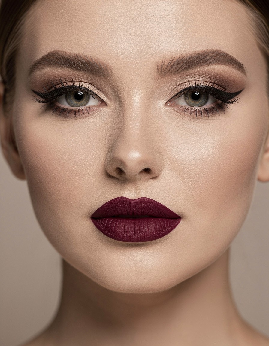 Close beauty portrait of an adult woman wearing an elegant evening makeup look with a defined liner and deep berry lip, balanced studio lighting, realistic skin detail