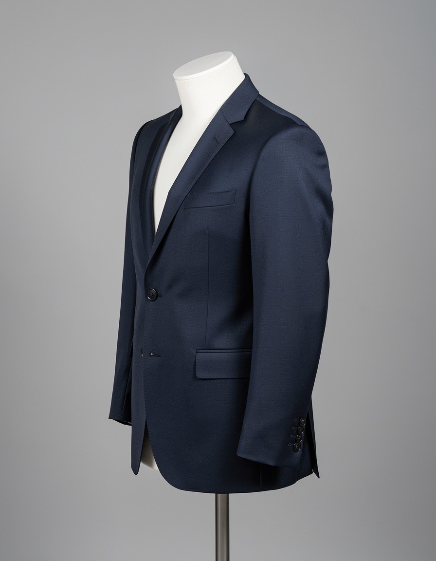 Clean studio fashion product photograph of a single tailored navy blue jacket on a matte torso mannequin, front three-quarter view, crisp lapels, visible fabric weave, natural folds and buttons, controlled neutral lighting, plain gray background, no person, no text, no split screen