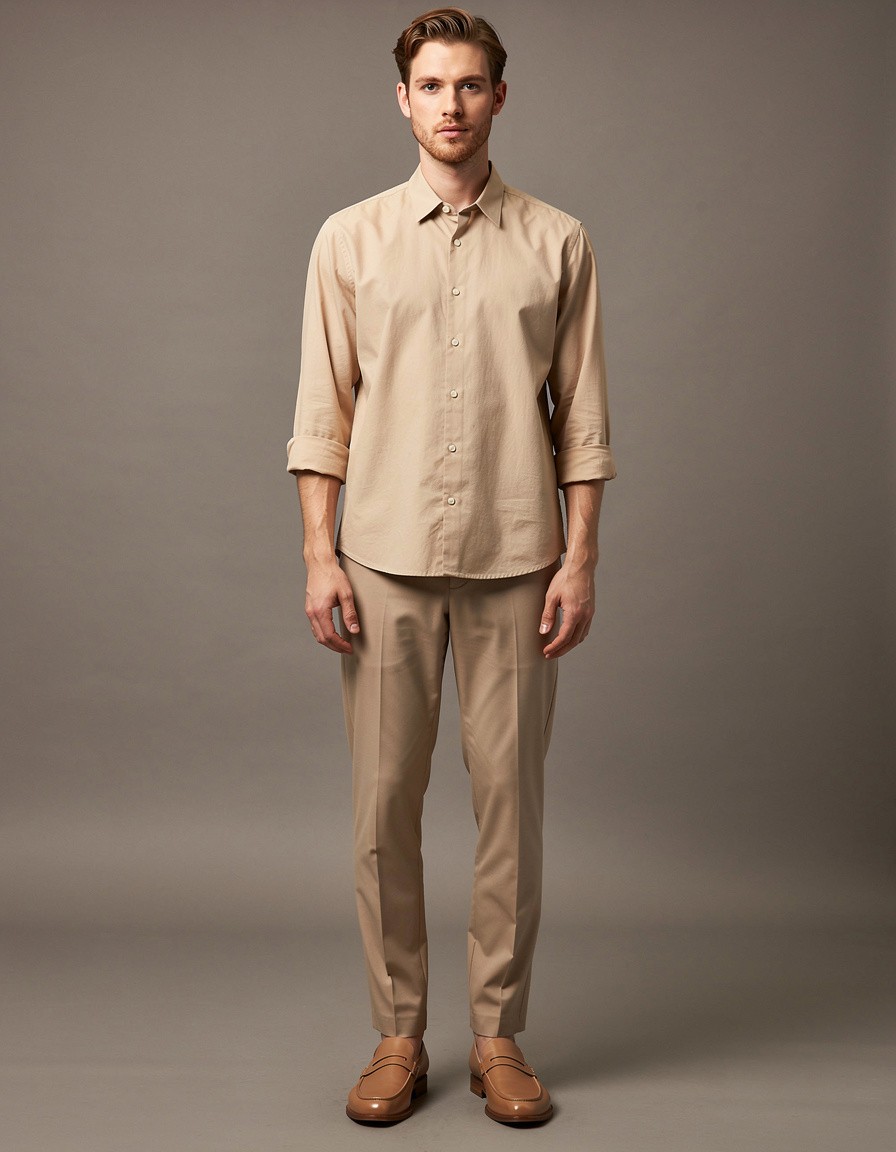 Vertical clean e-commerce fashion photograph of one adult male model, camera far enough away to include his entire head, face, hair, hands, legs, and both loafers fully inside the frame with comfortable margin above the hair and below the shoes. He wears a monochrome sand overshirt, relaxed tailored trousers, and minimal leather loafers against a seamless warm-gray studio backdrop. Neutral front-facing catalog pose, direct natural gaze, both hands relaxed and completely visible with anatomically correct fingers, accurate garment construction and body proportions, even soft studio lighting. No logos, no lettering, no symbols, no text, and no watermark. Do not crop any part of the head, face, hands, legs, or shoes.