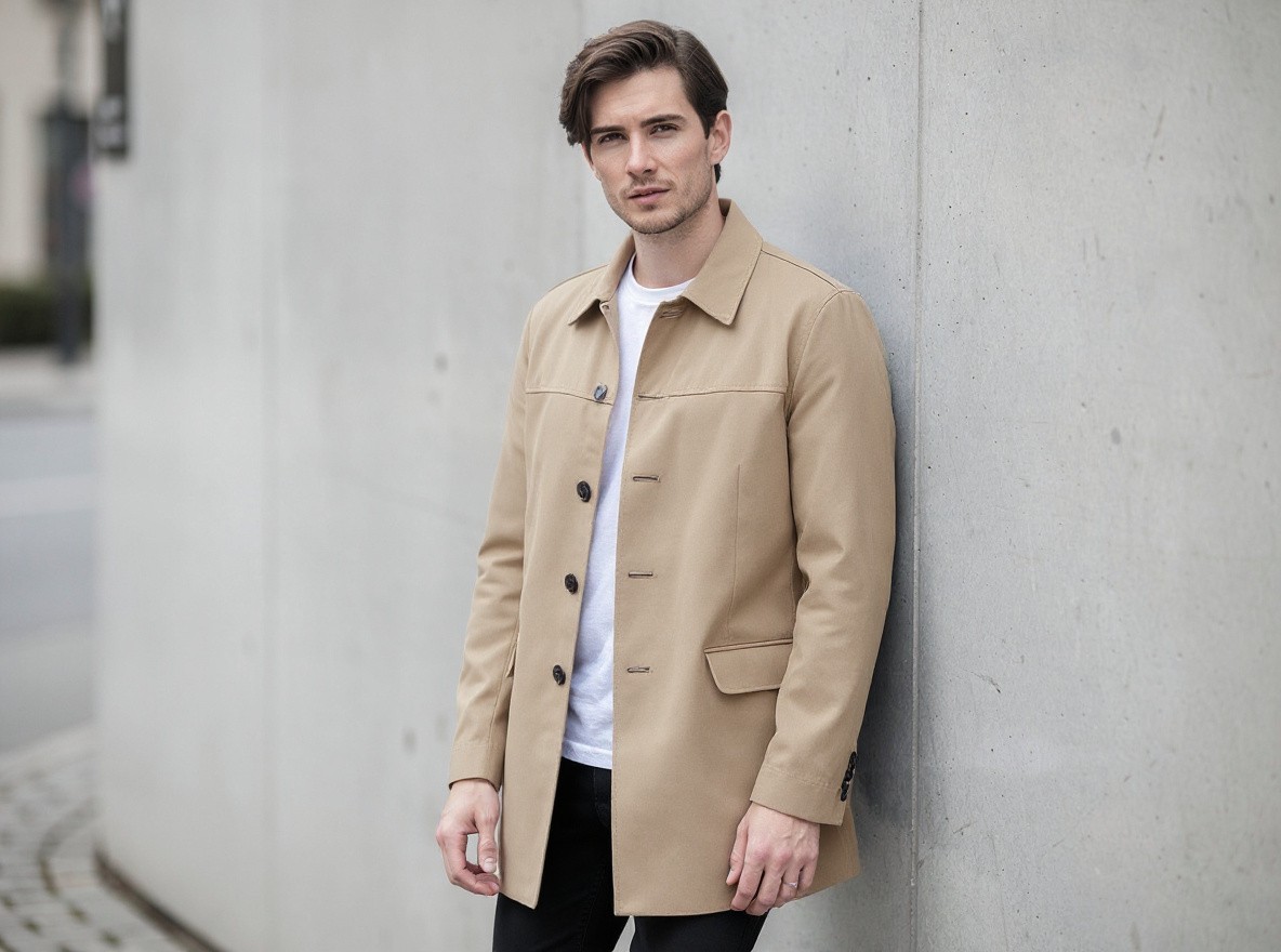 Replace only the adult model’s denim jacket with a tailored camel trench coat while preserving the exact person, identity, face, hair, body, pose, hands, shirt, trousers, concrete wall, camera angle, composition, lighting, shadows, and every unselected element; no text, logos, or watermark.
