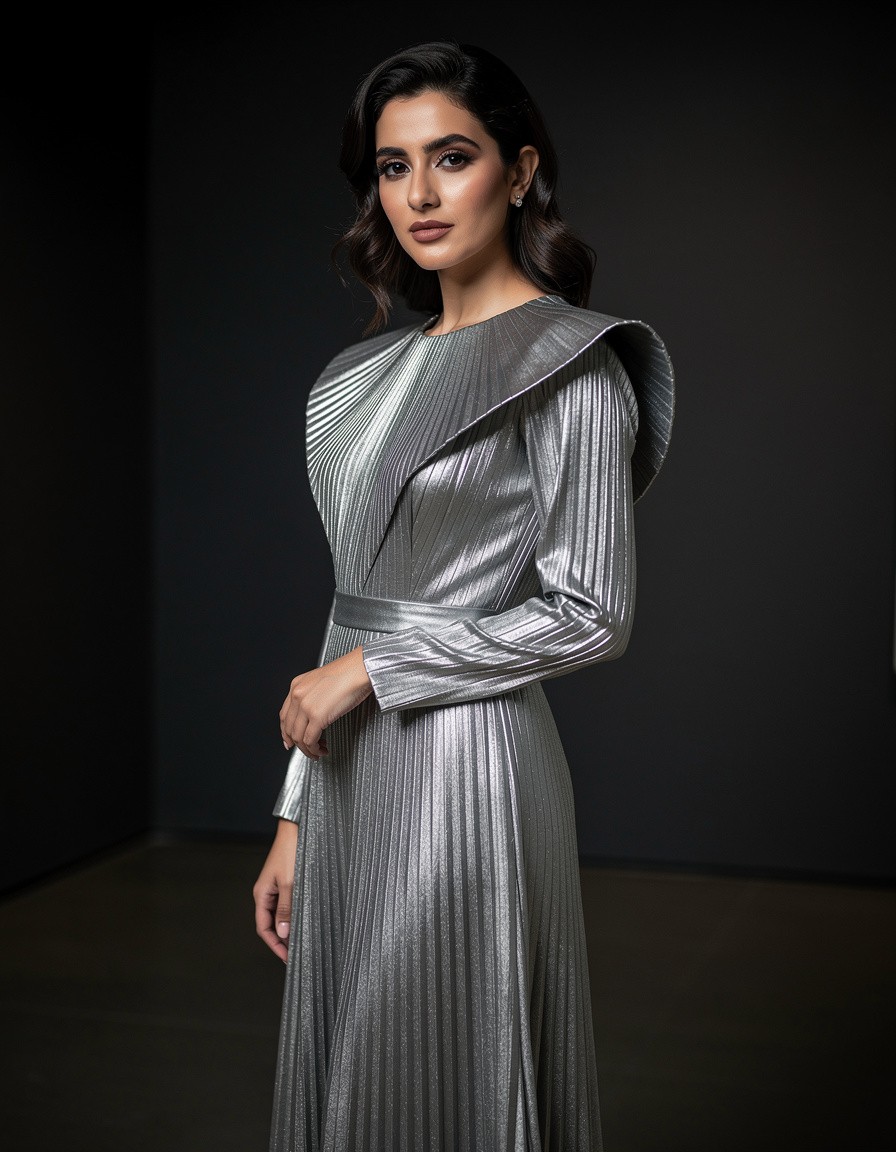 Three-quarter editorial gala-fashion portrait of one adult Middle Eastern woman in a metallic silver pleated evening gown with long sleeves and an architectural collar, standing in a minimalist dark gallery, dignified pose, realistic face and hands, controlled rim lighting, polished fashion editorial style, no headwear, logos, event branding, text, watermark, crowd, or celebrity likeness.