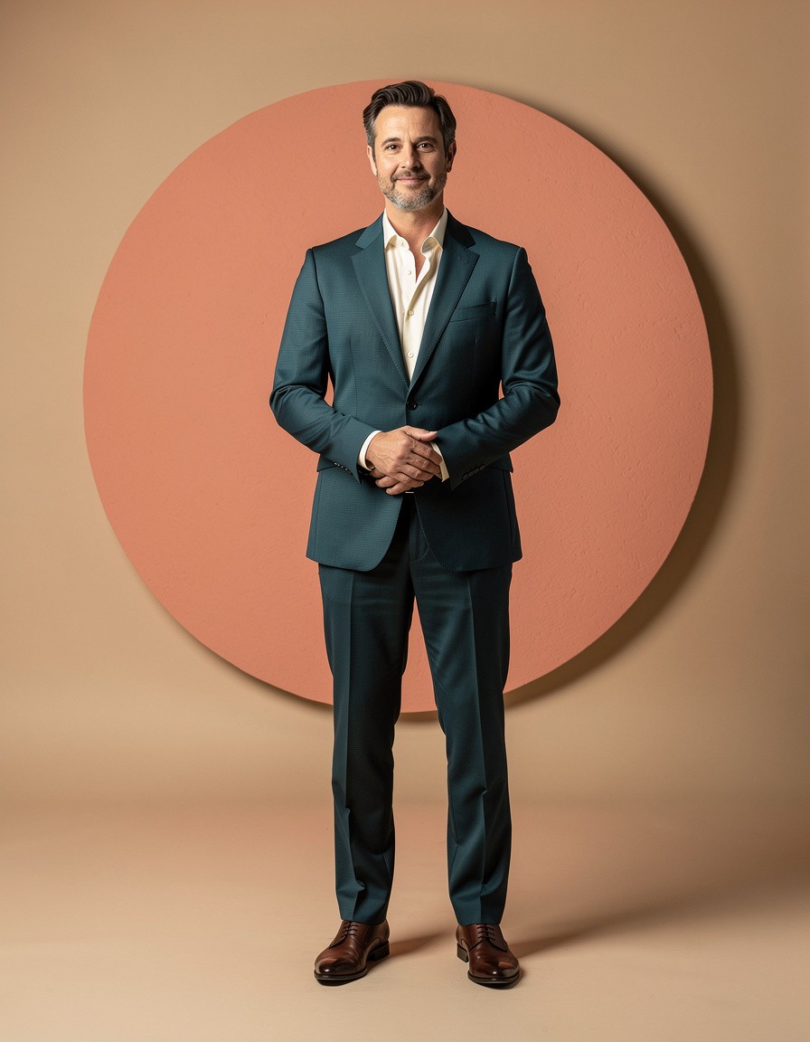 Photorealistic full-body editorial portrait of one adult brand spokesperson in a tailored deep-teal suit and cream shirt, centered against a warm beige studio backdrop with one coral circle prop, soft directional light, realistic anatomy and skin texture, clean composition, no text, no logo, no watermark.